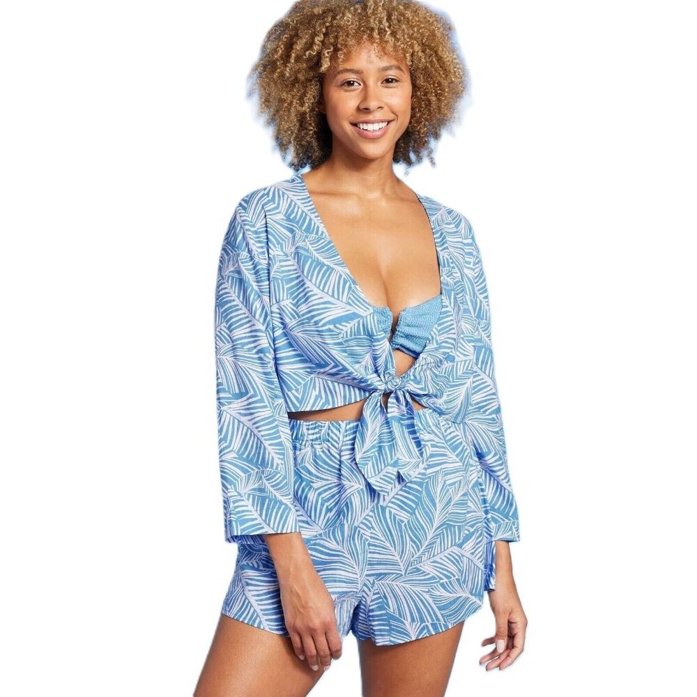 Shade & Shore Size Large 12-14 Blue Palm Leaf Tie Front LS Cover Up Swim Top
